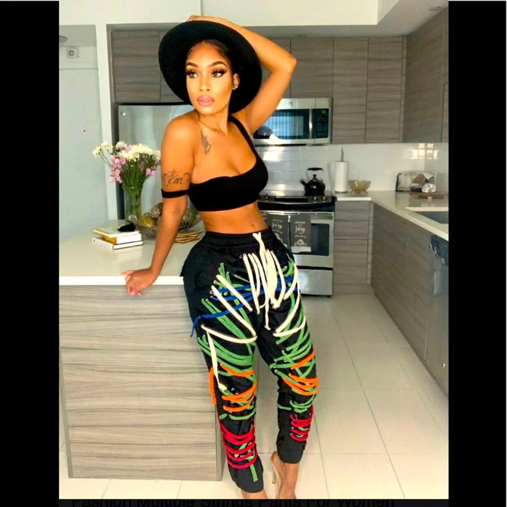 Abstract Neon Lace-Up Jogger Pants - Black with Multicolor..  NWOT...